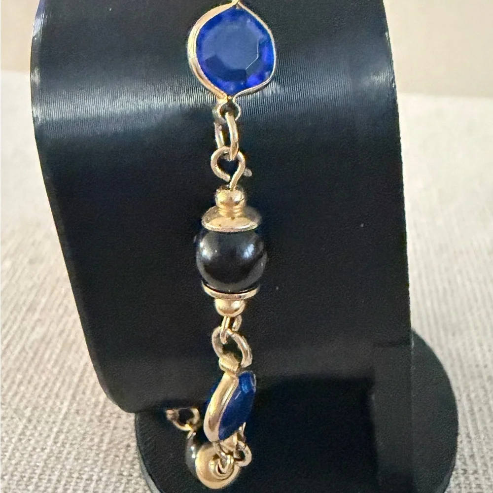 Gold-Tone Blue and Black Beaded Bracelet